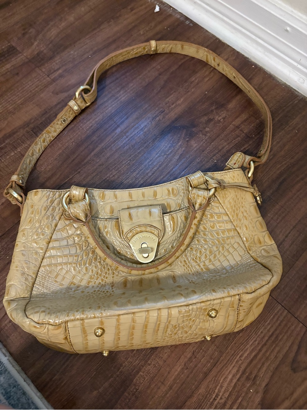 Brahmin Yellow-Tan Croc-Embossed Shoulder Bag with Gold Hardware